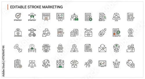 Editable stroke marketing icons, various business concepts, including security, global reach, growth, analysis, and collaboration.