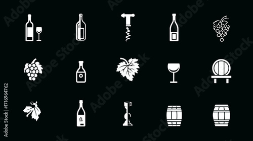 Wine bottles corkscrews grapes wineglass barrels.