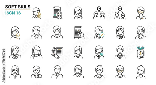 A collection of line art icons representing various soft skills and professional attributes, suitable for business and HR contexts.