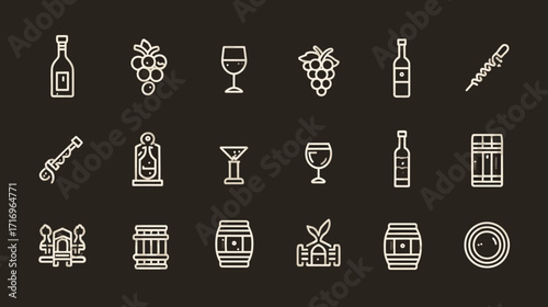 Winemaking icons set grapes wine bottle barrel glass.