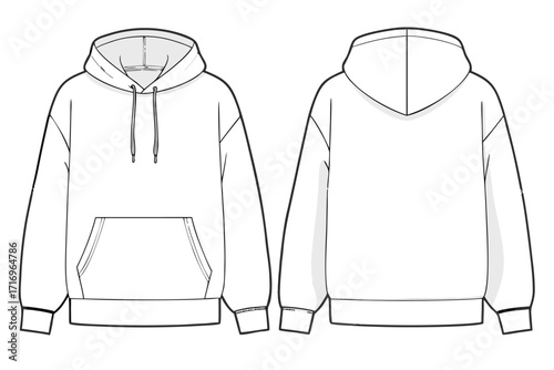 White hoodie technical sketch template, front and back views, design element for fashion and clothing line creation 
