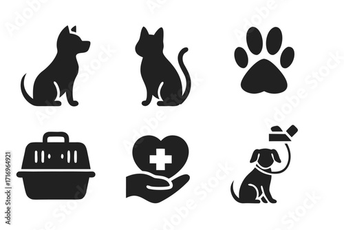 Vector icon collection depicting pets, veterinary care, and pet accessories in a simple flat design suitable for various applications 
