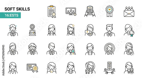 Collection of icons representing various soft skills and interpersonal abilities, suitable for educational or professional contexts.