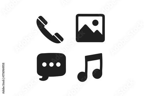 Four minimalist dark gray digital smartphone icons depicting essential functions like calls, messaging, photos, and music, presented in a square layout on a subtle gradient background with a soft glo