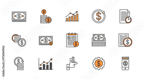 A collection of financial and business-related icons, including money, charts, and documents.