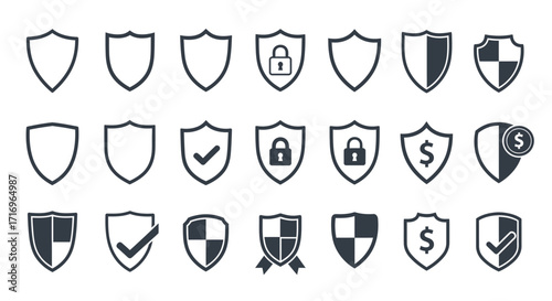 Collection of shield icons with various security and protection symbols.