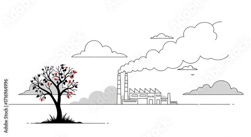 A stark line art illustration contrasting a solitary tree with a polluting industrial factory emitting thick smoke.