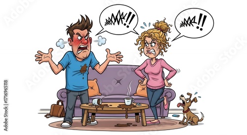 Animated Angry Couple with Dog Fighting in Living Room Scene