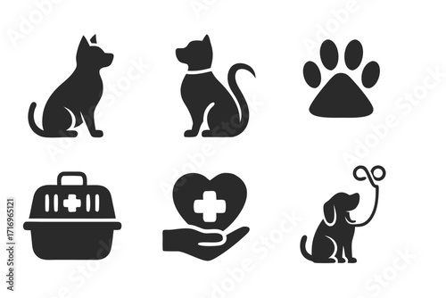 Vector icon collection depicting pets, veterinary care, and pet accessories in a simple flat design suitable for various applications 
