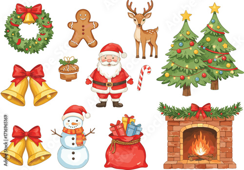 Christmas cartoon illustration set, Santa Claus, snowman, reindeer, decorated tree, gifts, wreath, fireplace, bells, candy cane, festive design