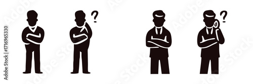 Set of black silhouette icons depicting a businessman in various poses of thinking, questioning, and contemplation with a question mark symbol for business concepts