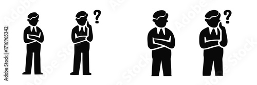 Set of black silhouette icons depicting a businessman in various poses of thinking, questioning, and contemplation with a question mark symbol for business concepts