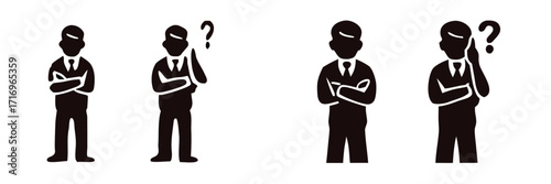 Set of black silhouette icons depicting a businessman in various poses of thinking, questioning, and contemplation with a question mark symbol for business concepts