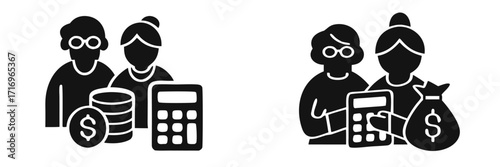 Senior couple retirement planning glyph icon set with calculator and money symbols for financial savings and investment 

