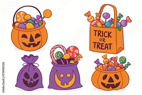 Colorful Halloween candy collection featuring pumpkin and trick or treat bags filled with sweets 
