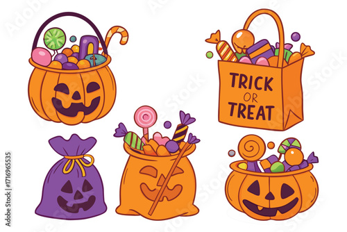 Colorful Halloween candy collection featuring pumpkin and trick or treat bags filled with sweets 
