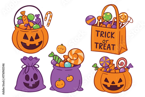 Colorful Halloween candy collection featuring pumpkin and trick or treat bags filled with sweets 
