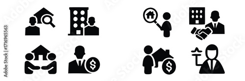 Real estate agent and property investment icon set showing house searching, buying, selling, and closing a deal with a broker 
