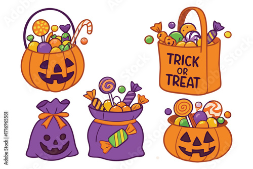 Colorful Halloween candy collection featuring pumpkin and trick or treat bags filled with sweets 
