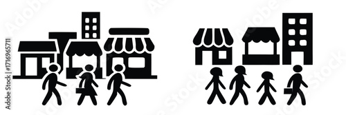 Set of black silhouette icons depicting people walking on a city street past shops and buildings, representing urban life and pedestrians 