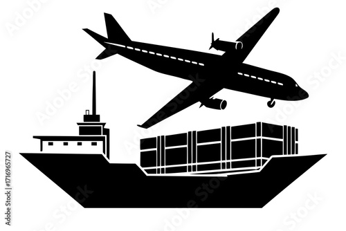 Vector art of cargo ship and airplane, global transportation