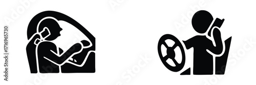 Distracted driving glyph icons set showing a driver talking on a mobile phone while operating a vehicle, a symbol of danger and lack of safety on the road