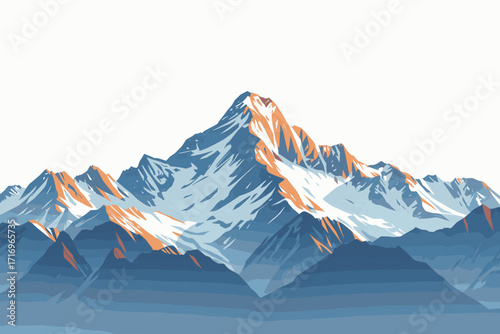 A vector illustration of a majestic mountain range with snow-capped peaks, using solid colors and a white background