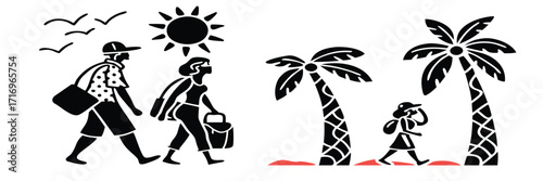Family on summer beach vacation icon set with parents and children walking with luggage and surfboard under a palm tree 
