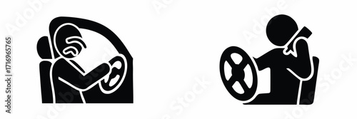Distracted driving glyph icons set showing a driver talking on a mobile phone while operating a vehicle, a symbol of danger and lack of safety on the road