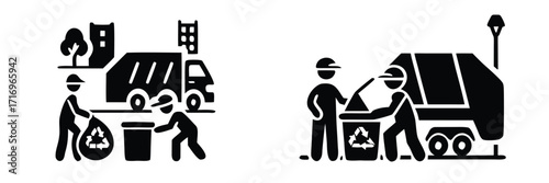Garbage collection service icons with sanitation workers loading recycling bags and bins into a garbage truck in a city 
