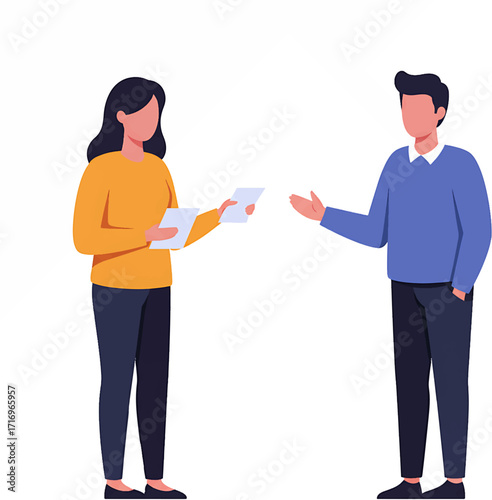 Two People in Business Attire Interacting with Documents Vector Illustration.