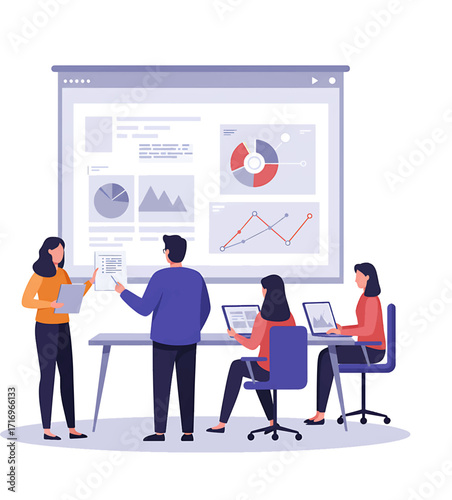 Business Team Analyzing Data on Large Presentation Screen.