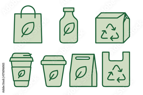 Eco-friendly packaging options showcased in vivid illustrations for sustainable living and recycling awareness 
