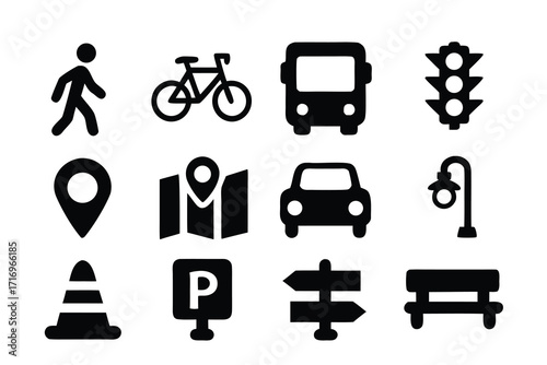 Collection of vector icons representing transportation, navigation, and urban elements for graphic design usage 
