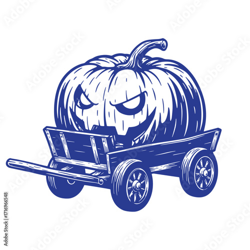 Spooky jack o lantern sitting in a wooden wagon halloween illustration for design