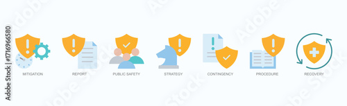 Strategic Shield Icon Set Isolated Vector Illustration Concept With Icon Of Mitigation, Report, Public Safety, Strategy, Contingency, Procedure, Recovery In Flat Style