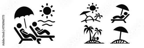 Set of beach vacation and summer relaxation icons with people sunbathing on lounge chairs under an umbrella 

