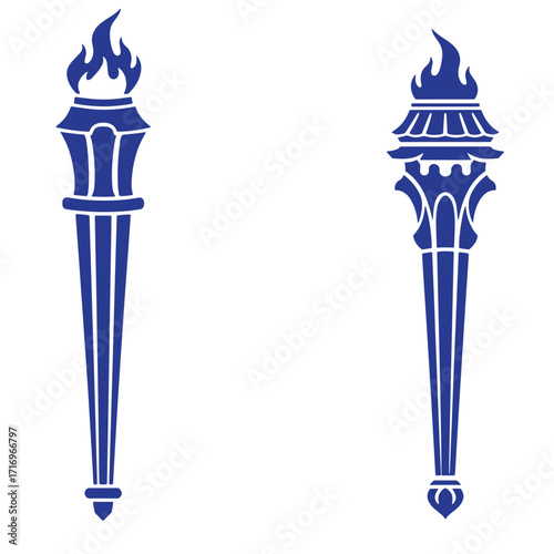 Stylized blue torch design two elegant flames symbolizing enlightenment and knowledge