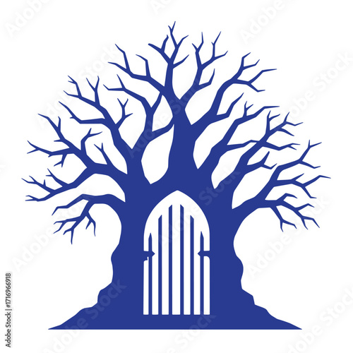 Symbolic blue tree with a gothic doorway representing mystery and secrets on white background