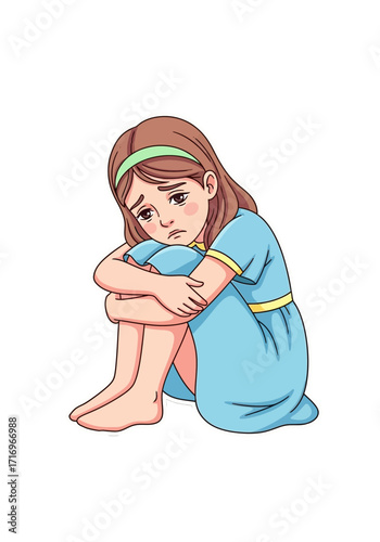Sad Cartoon Girl Sitting Alone Hugging Knees