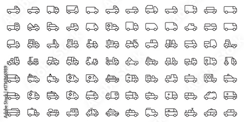 Transportation Line Icon Set – High-Quality Flat Vehicle Illustrations. Including car, pickup, taxi, ambulance, fire truck, police car and more. Vector illustration. Editable modern stroke