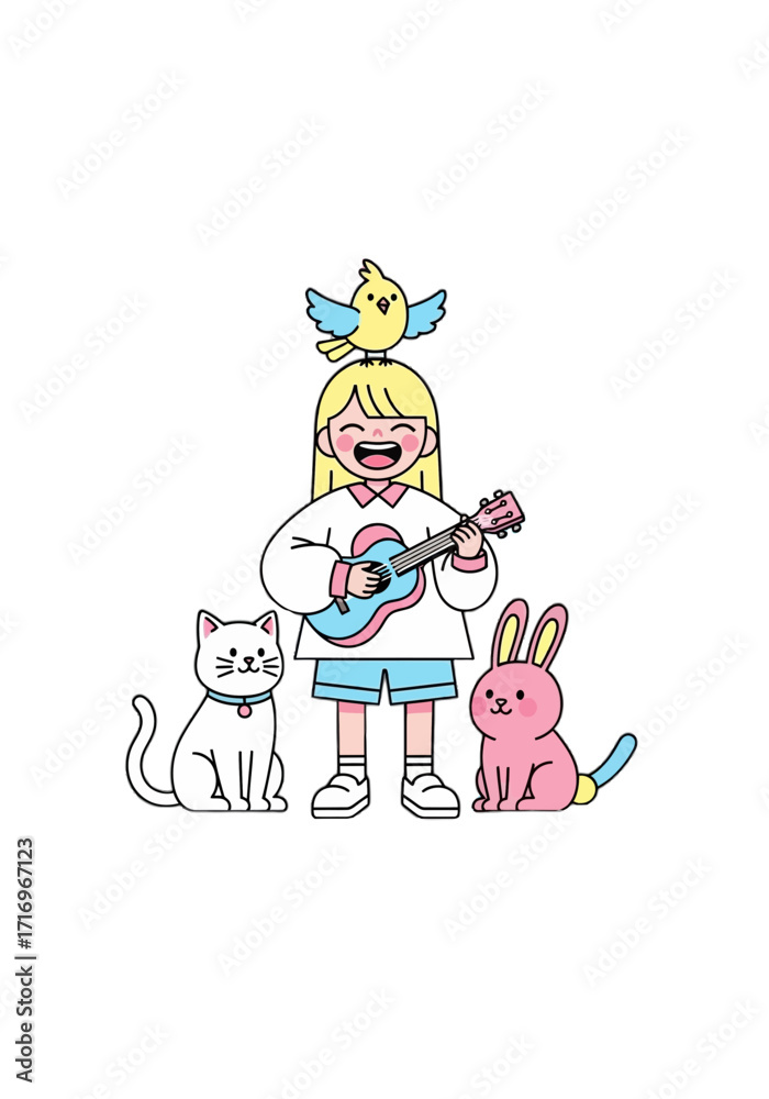 Fototapeta premium Cute Flat Vector Illustration of Girl Playing Music With Pets