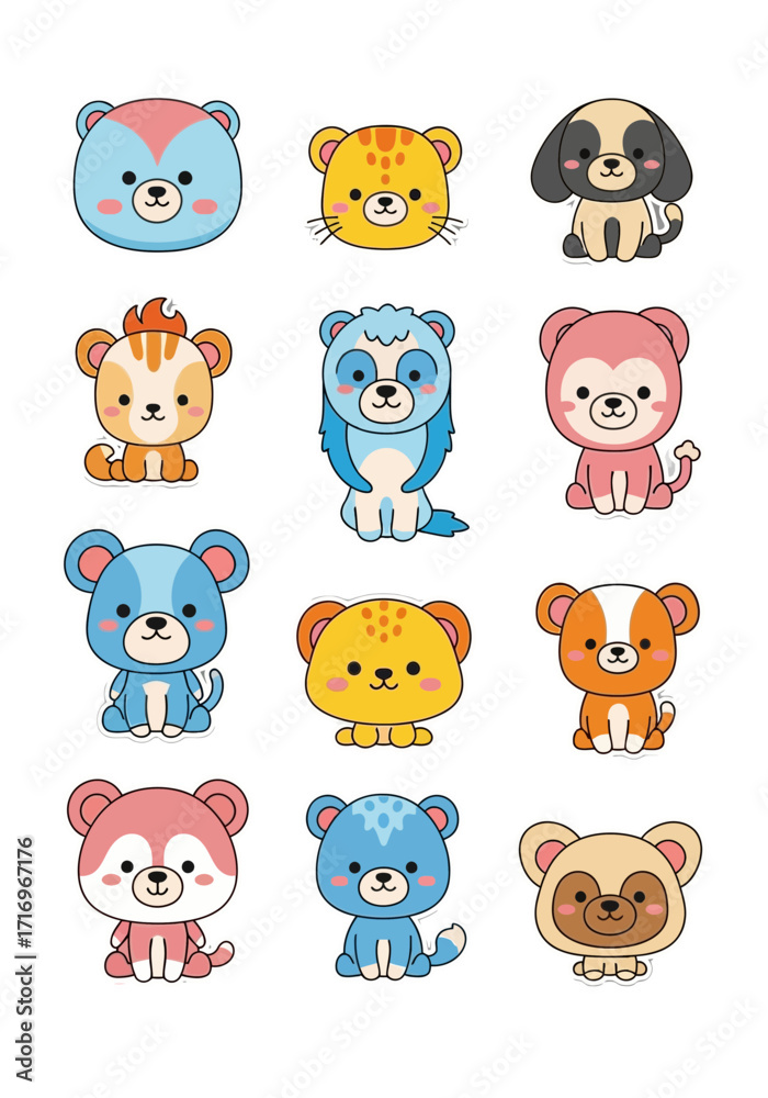 Obraz premium Adorable Flat Cartoon Animals Vector Sticker Collection