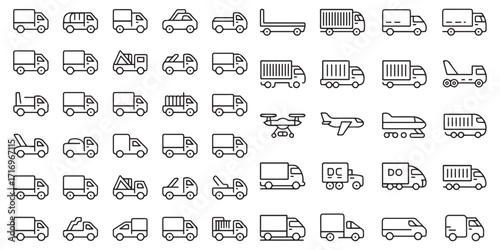 Transport Line Icon Set – Diverse Vehicle and Mobility Symbols. Including car, bus, truck, van, pickup, taxi, ambulance and more. Vector illustration. Editable modern stroke