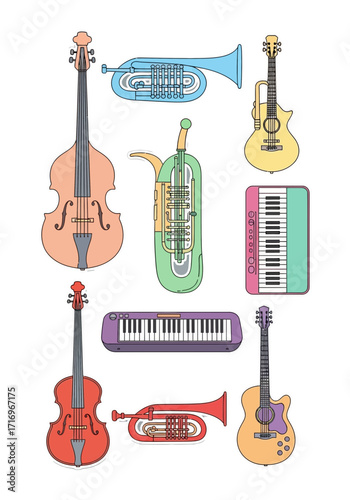 Flat Vector Sticker Set of Diverse Musical Instruments