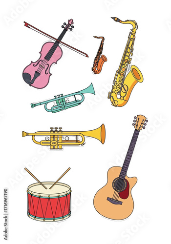 Vibrant Flat Line Art Musical Instrument Set