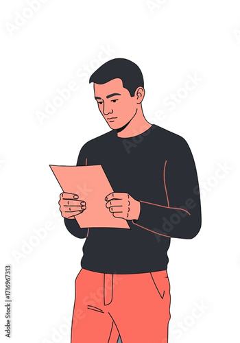 Young Man Concentrating While Reading a Document