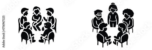 Group therapy session and support meeting icons with people sitting in a circle for discussion and counseling 
