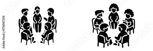 Group therapy session and support meeting icons with people sitting in a circle for discussion and counseling 
