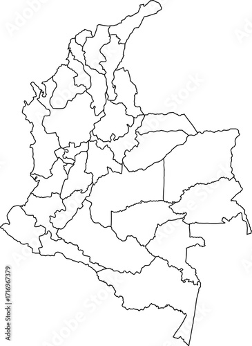 A blank vector map of Colombia showing its departmental borders. The map features clear, distinct outlines for each of Colombia's administrative divisions, making it ideal for educational purposes